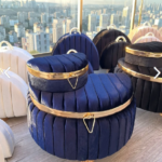 Lacivert D Model Çizgili Gold Kuşaklı Gelin Çeyiz Sandığı