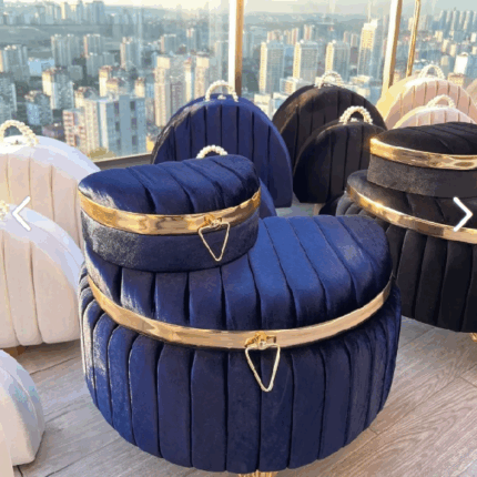 Lacivert D Model Çizgili Gold Kuşaklı Gelin Çeyiz Sandığı