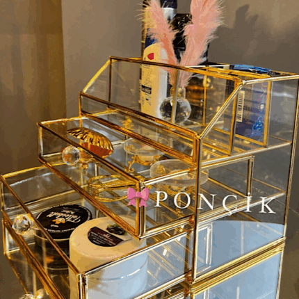 3 Katlı Organizer ve Makyaj Kutusu - CAM Gold Renk