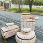 Çizgili 2 li Gelin Çeyiz Sandığı ve 3 lü Çamaşır Sepeti Seti--- Krem