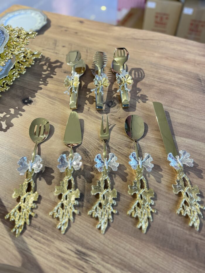 8 Parça AVANGARDE Gold Kelebekli Servis Seti ve Maşa Seti - Görsel 1
