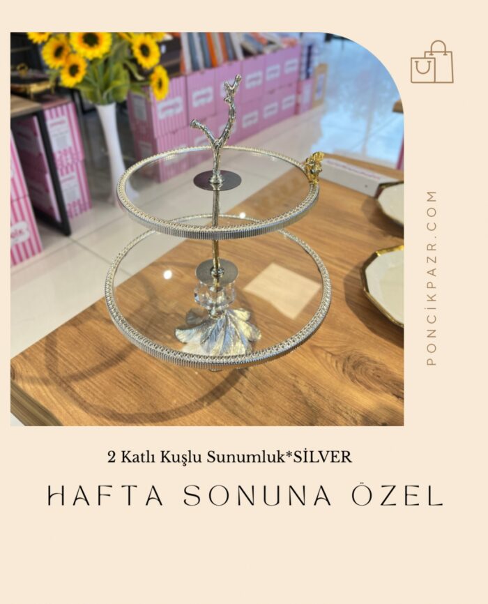Kuşlu Ayaklı 2 Katlı Sunumluk Silver - Görsel 1