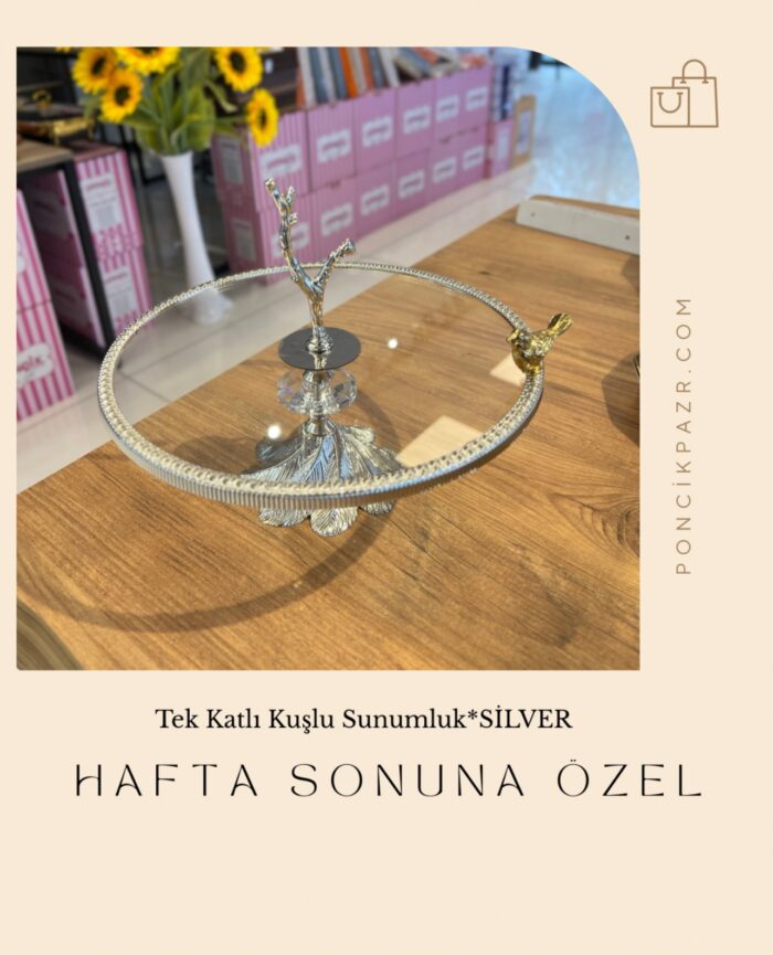 Kuşlu Ayaklı Üstten Kulplu Servis Silver - Görsel 1