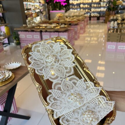 3’lü sunum Peçetesi Dantel Taşlı