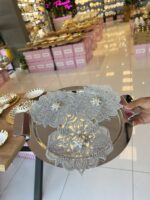 3’lü sunum Peçetesi Gümüş Dantel Taşlı