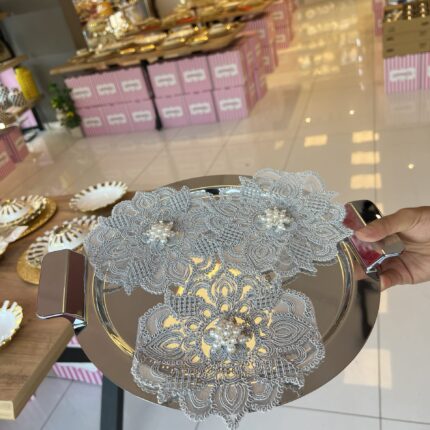 3’lü sunum Peçetesi Gümüş Dantel Taşlı