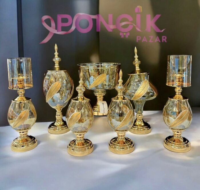 Yaprak Model Gold Salon Konsol Seti - Görsel 1