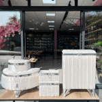 Çizgili 2 li Gelin Çeyiz Sandığı ve 3 lü Çamaşır Sepeti Seti---Beyaz Gümüş Kuşak