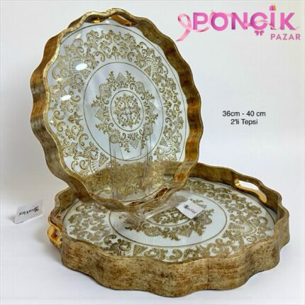 2’Li Ahşap İşlemeli Tepsi 40*cm
402