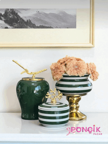 Dekoratif Obje Salon Seti Yeşil Zebra Ayaklı Saksı Yeşil Şah Yeşil Zebra Kutu Gold