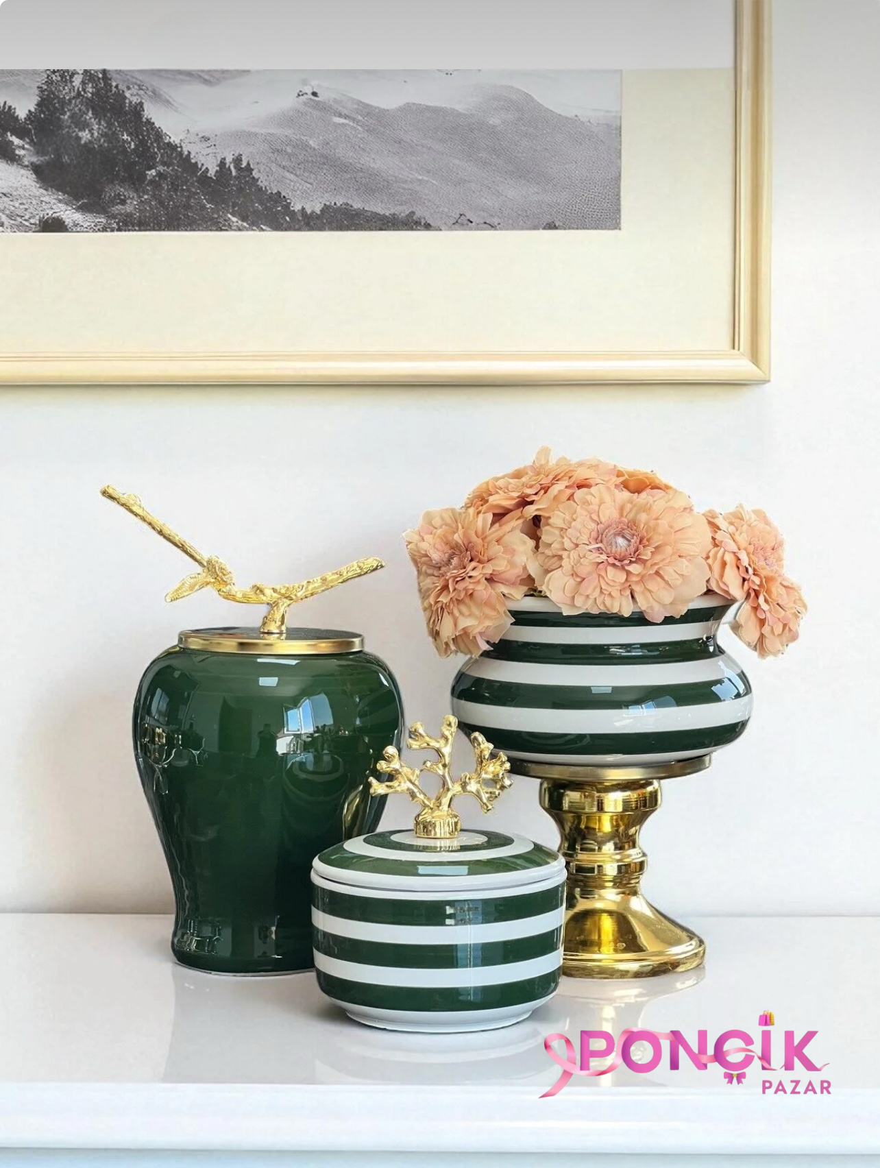 photoroom_20251019_195813 Dekoratif Obje Salon Seti Yeşil Zebra Ayaklı Saksı Yeşil Şah Yeşil Zebra Kutu Gold - Görsel 1