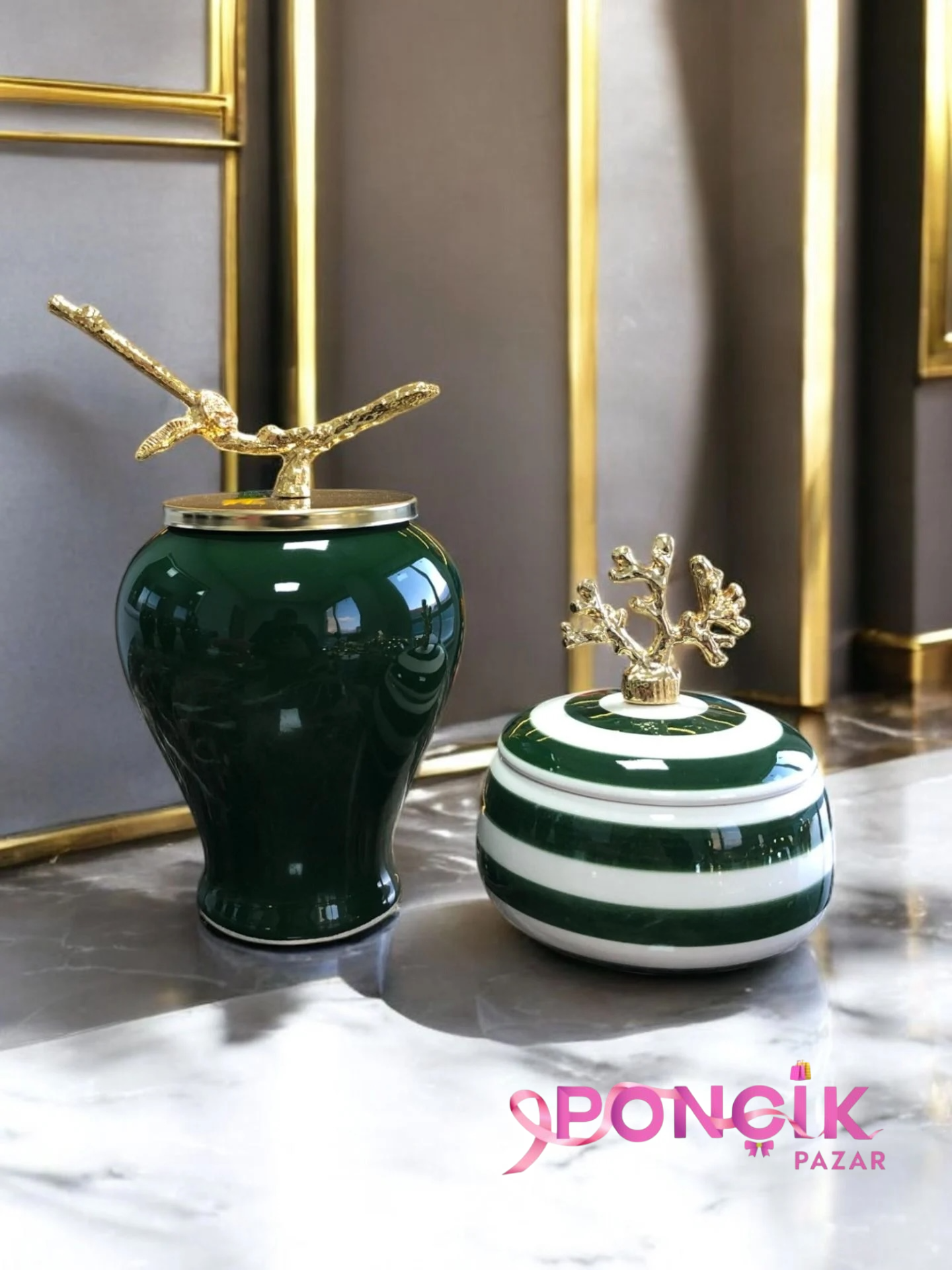 photoroom_20251019_201027 Dekoratif Obje Gold Dallı Yeşil Şah Küp Mercan Zamaklı Klasik Zebra Obje - Görsel 1