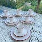Stayl 18 Parça Porselen Türk Kahvesi Fincanı ve Pasta Tabağı ( Kırmızı Detay)