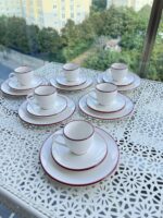 Stayl 18 Parça Porselen Türk Kahvesi Fincanı ve Pasta Tabağı ( Kırmızı Detay)