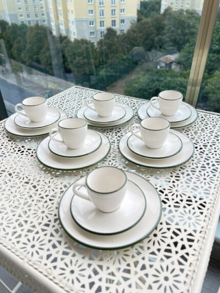 Stayla 18 Parça Porselen Türk Kahvesi Fincanı ve Pasta Tabağı ( yeşil detay)