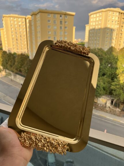 6 Adet Çift Dekorlu Gold Renk Tepsi