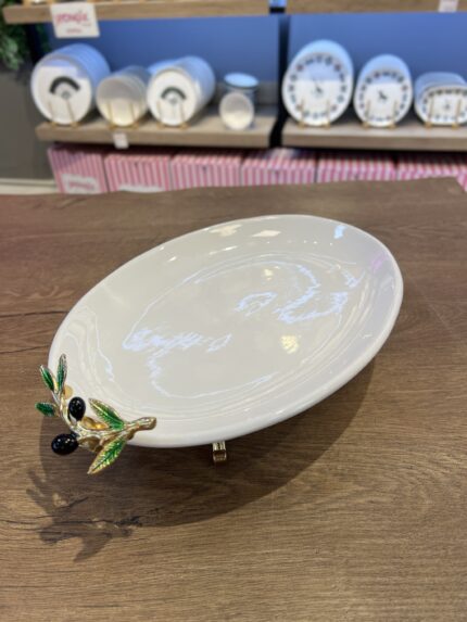 25 CM  ZEYTİN DETAY 4 AYAKLI  PORSELEN SUNUMLUK