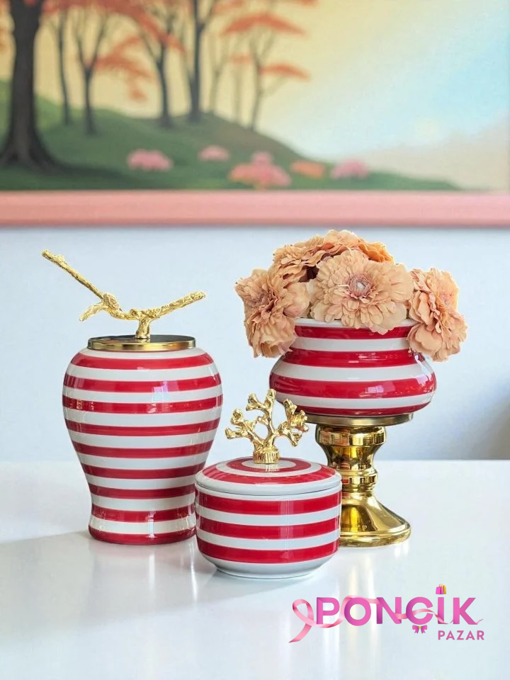 photoroom_20251019_201921 Dekoratif Obje Salon Seti Kırmızı Zebra Ayaklı Saksı Kırmızı Şah Kırmızı Zebra Kutu Gold - Görsel 1