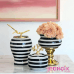 Dekoratif Obje Salon Seti Siyah Zebra Ayaklı Saksı Siyah Şah Siyah Zebra Kutu Gold