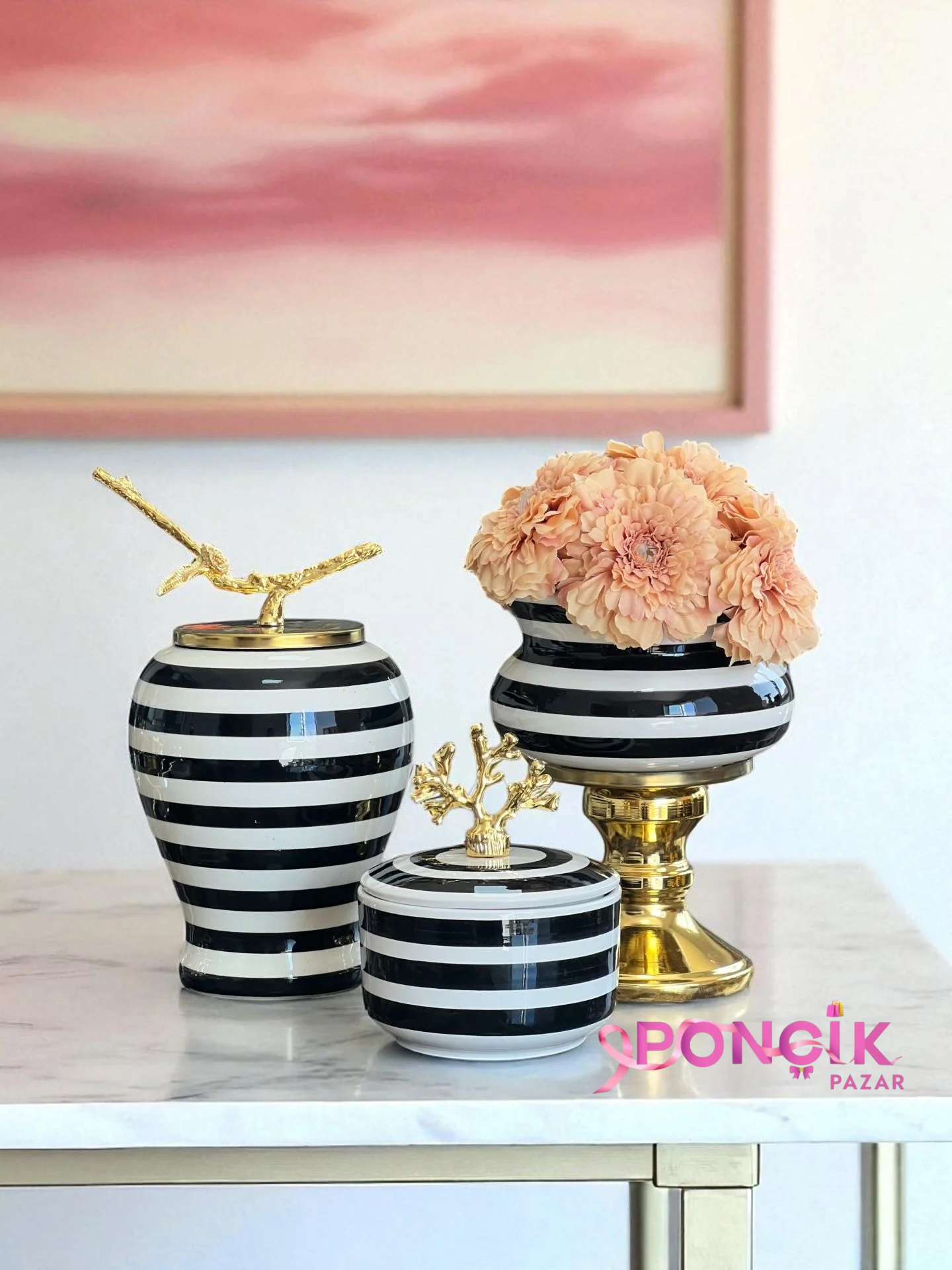 photoroom_20251019_203231 Dekoratif Obje Salon Seti Siyah Zebra Ayaklı Saksı Siyah Şah Siyah Zebra Kutu Gold - Görsel 1