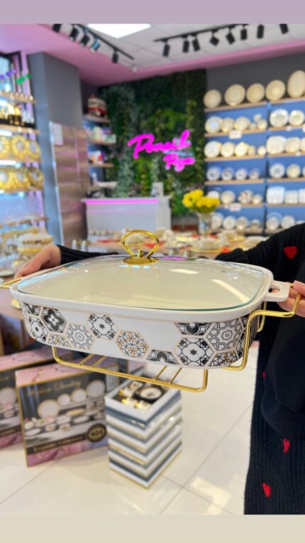 Gold Siyah Porselen Isıtma Tenceresi*Kare Beyaz Detay