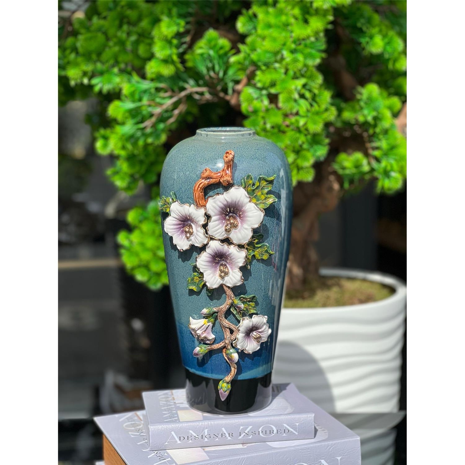 img_0547 İTHAL SERAMİK BLUE FİORİNA VAZO BÜYÜK MOR ÇİÇEK - Görsel 1