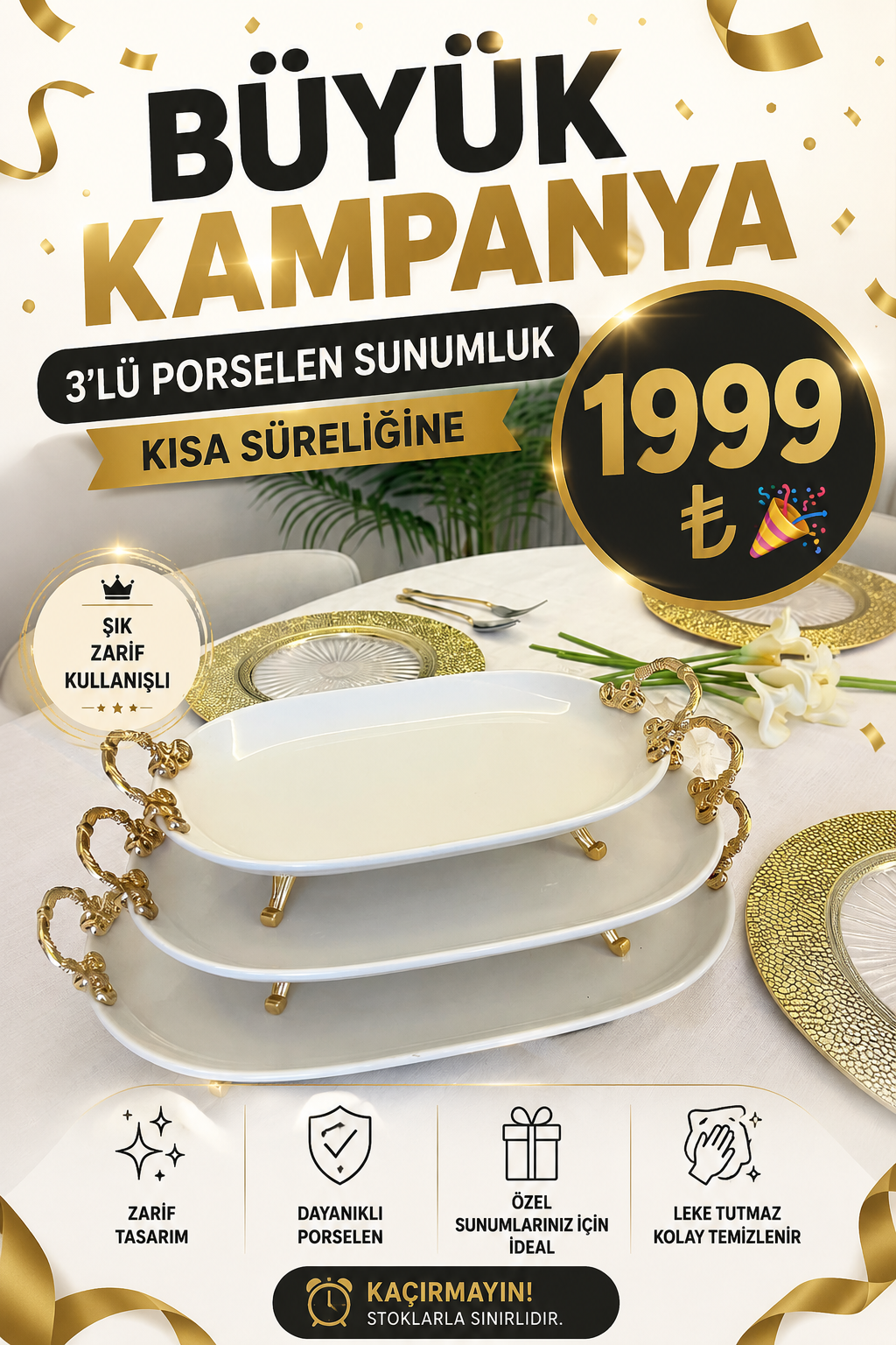 1694310c-9f72-4b46-9fdb-e3929ef1a30e 3 Boy Porselen Sunumluk Gold ** - Görsel 1
