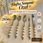 Porselen Kulplu 5’Li Servis Sunumluk Boncuklu