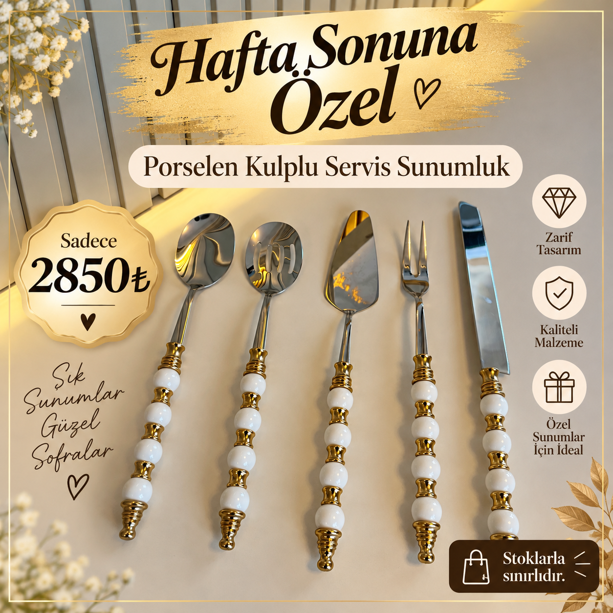 d0f20876-0183-4563-920e-e7abfc8dfe70 Porselen Kulplu 5’Li Servis Sunumluk Boncuklu - Görsel 1