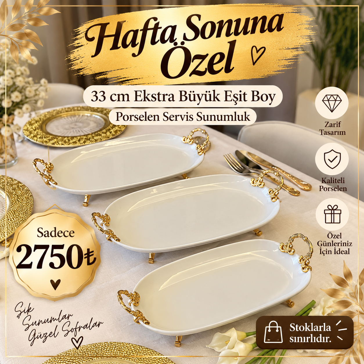 d1a9d6c1-93f0-4dca-bf3f-2e8a0aa51fd4 Fenomen Tercihi- 3 Boy Porselen Sunumluk Gold ** - Görsel 1