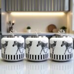 Büyük Boy Kahve Köşesi Seti Oval Baharatlık 1400 ml  Çay,Kahve,Şeker) Zebra At Gümüş