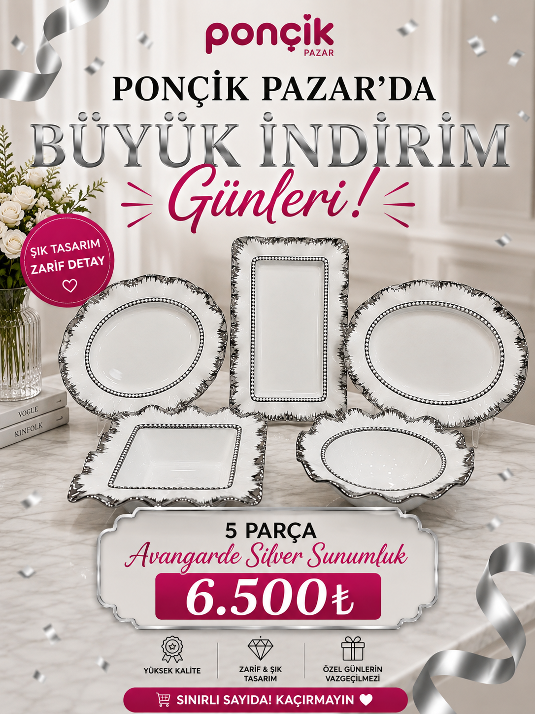 eb3559a5-35ea-4634-ba79-f16637aa9ad6 5’Lİ Gümüş AVANGARDE SUNUM SETİ GÜMÜŞ - Görsel 1