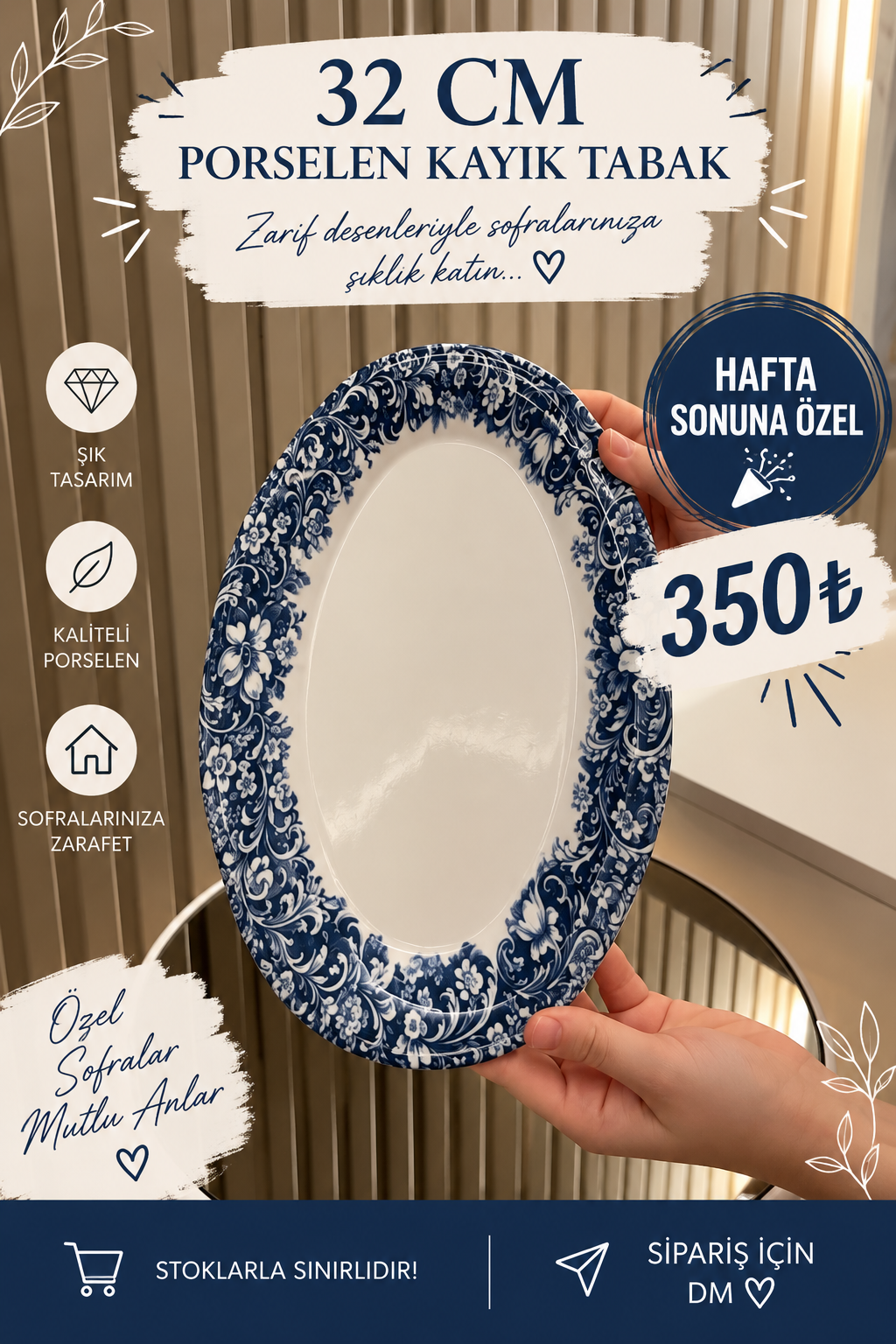 0515d2bf-5e12-45d1-9d1e-ec8f6df58726 32 cm Kayık Sunum Tabağı*Mavi Kısa Kod 1121 - Görsel 1