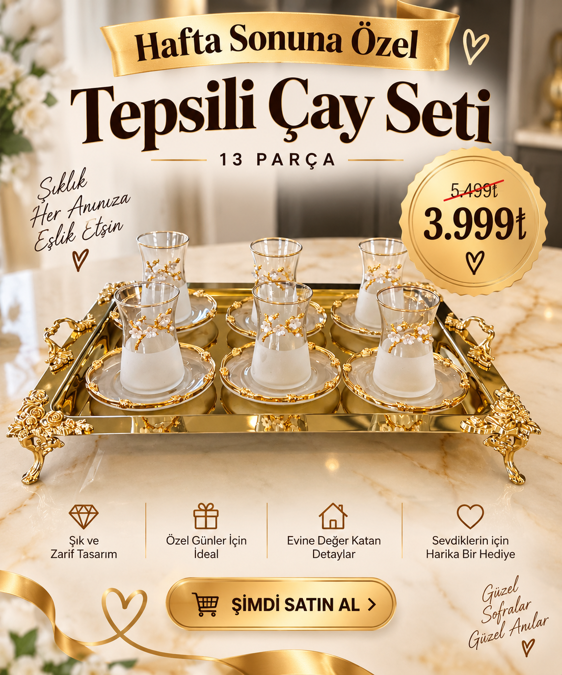2f10f4d5-3a32-4c99-87f6-2ab76184cf89 13 Parça 6 Kişilik Buğulu Papatya Tepsili Çay Seti - Görsel 1