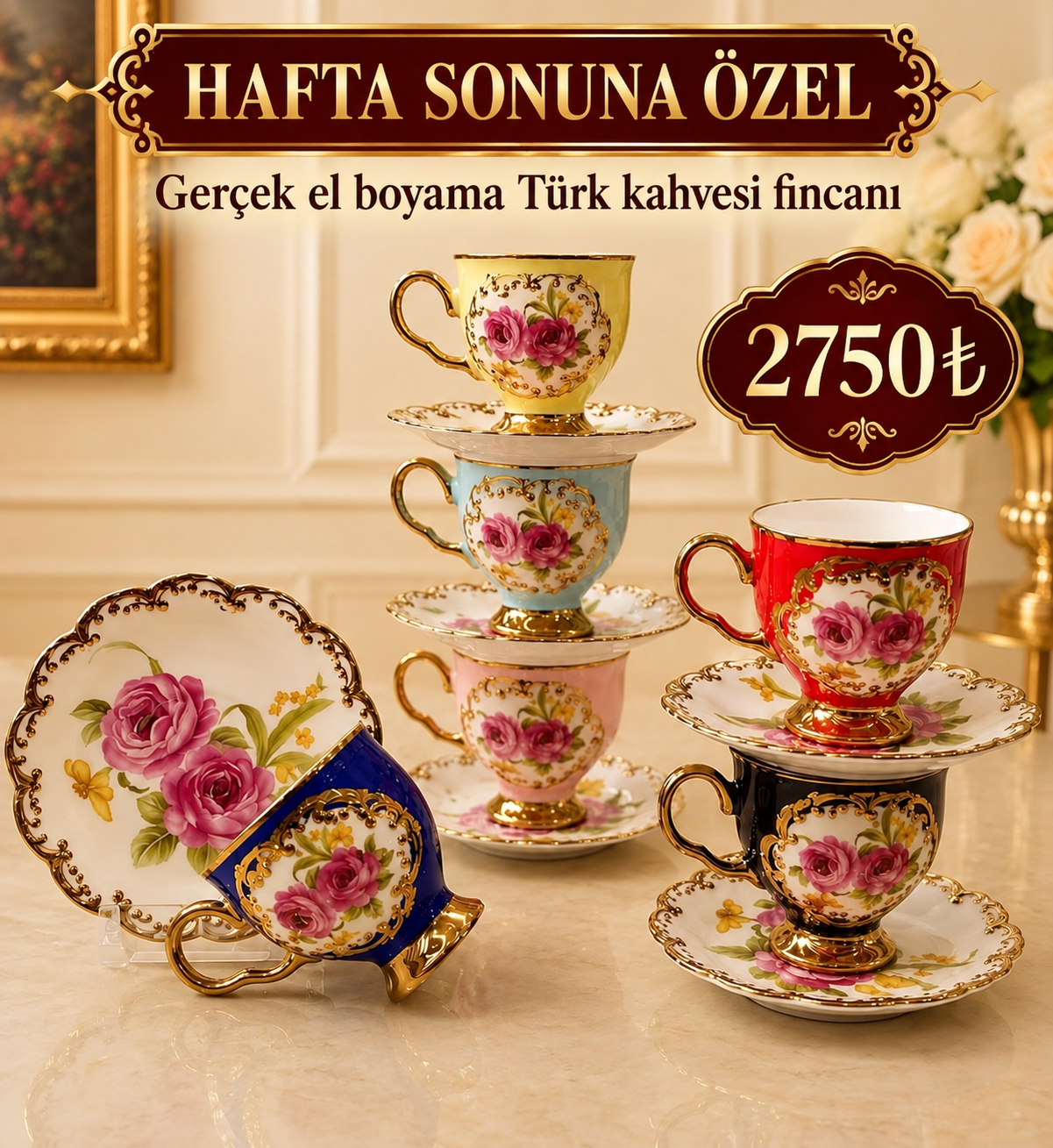 81273e06-e456-4b6e-b615-68bac1286ee4 Vintage El Boyama Türk Kahvesi Fincanı(HAFTA SONU ÖZEL) - Görsel 1