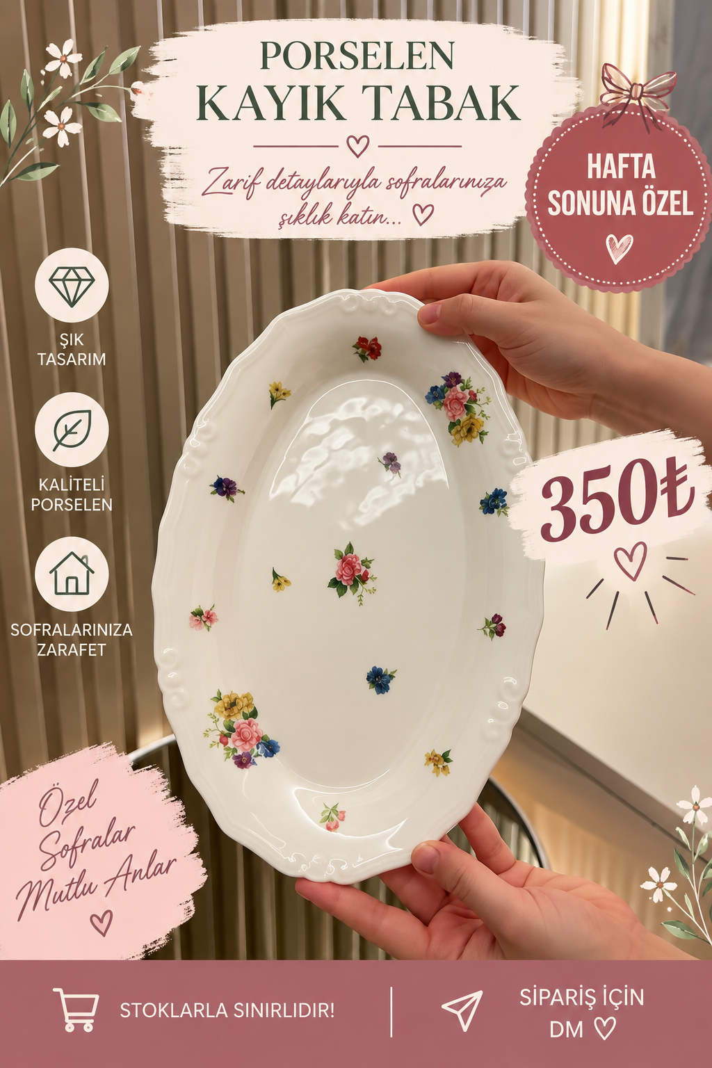 8be62909-177f-47de-baaf-6e6a4ccf6017 32 cm Kayık Sunum Tabağı*Çiçekli Kısa Kod 1121 - Görsel 1